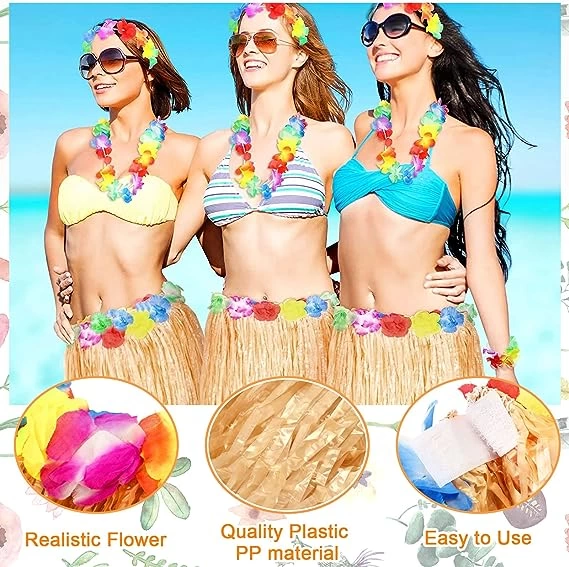 Yetişkin Ve Çocuk Uyumlu Saman Renk Hawaii Luau Hula Etek 40 Cm 12 Adet - Lisinya