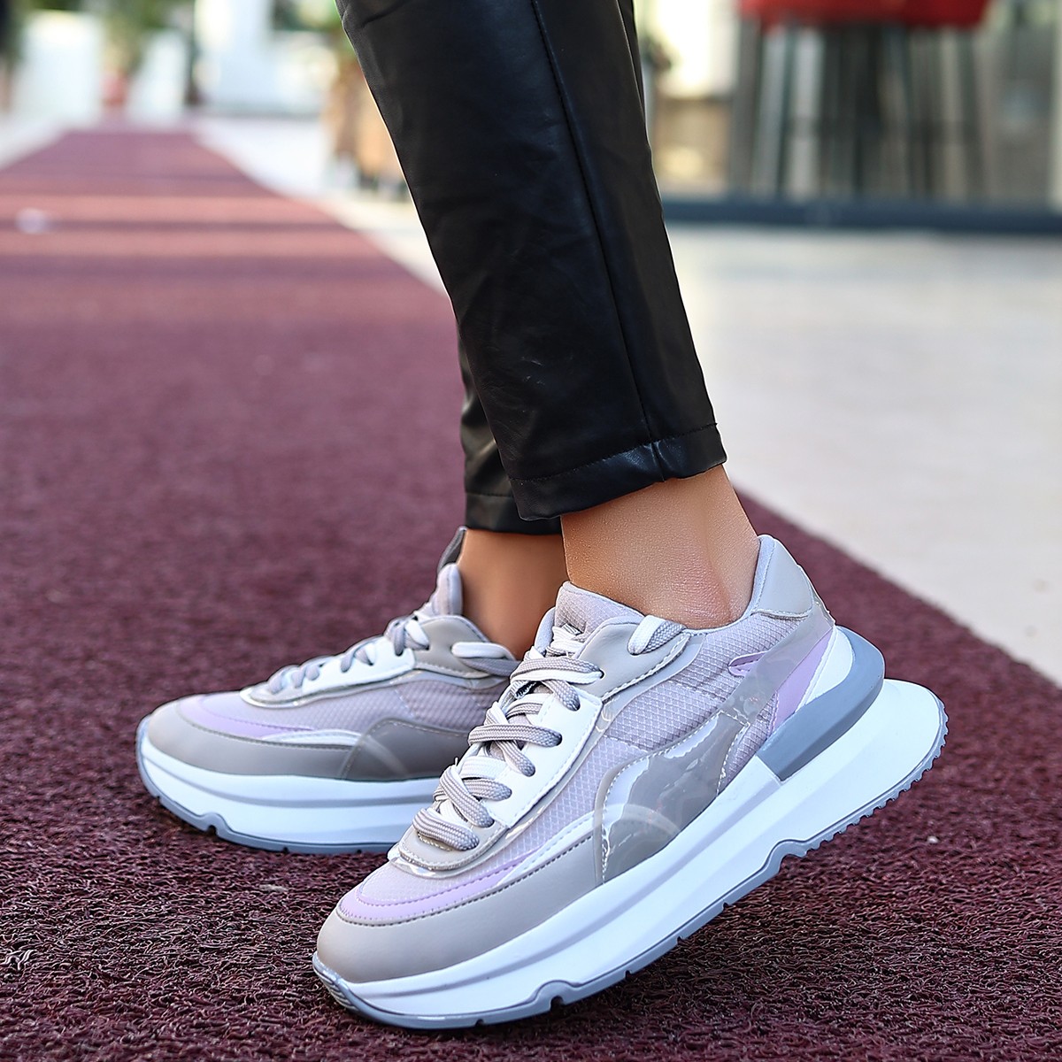 Aleh Gri Cilt Bağcıklı Spor Ayakkabı - Lisinya