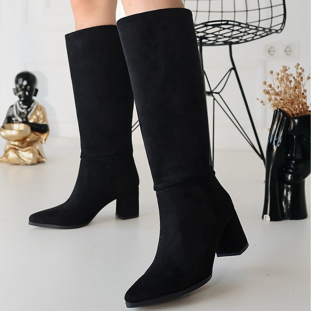 Roksa Siyah Süet Topuklu Çizme - Lisinya Roksa Siyah Süet Topuklu Çizme - Lisinya