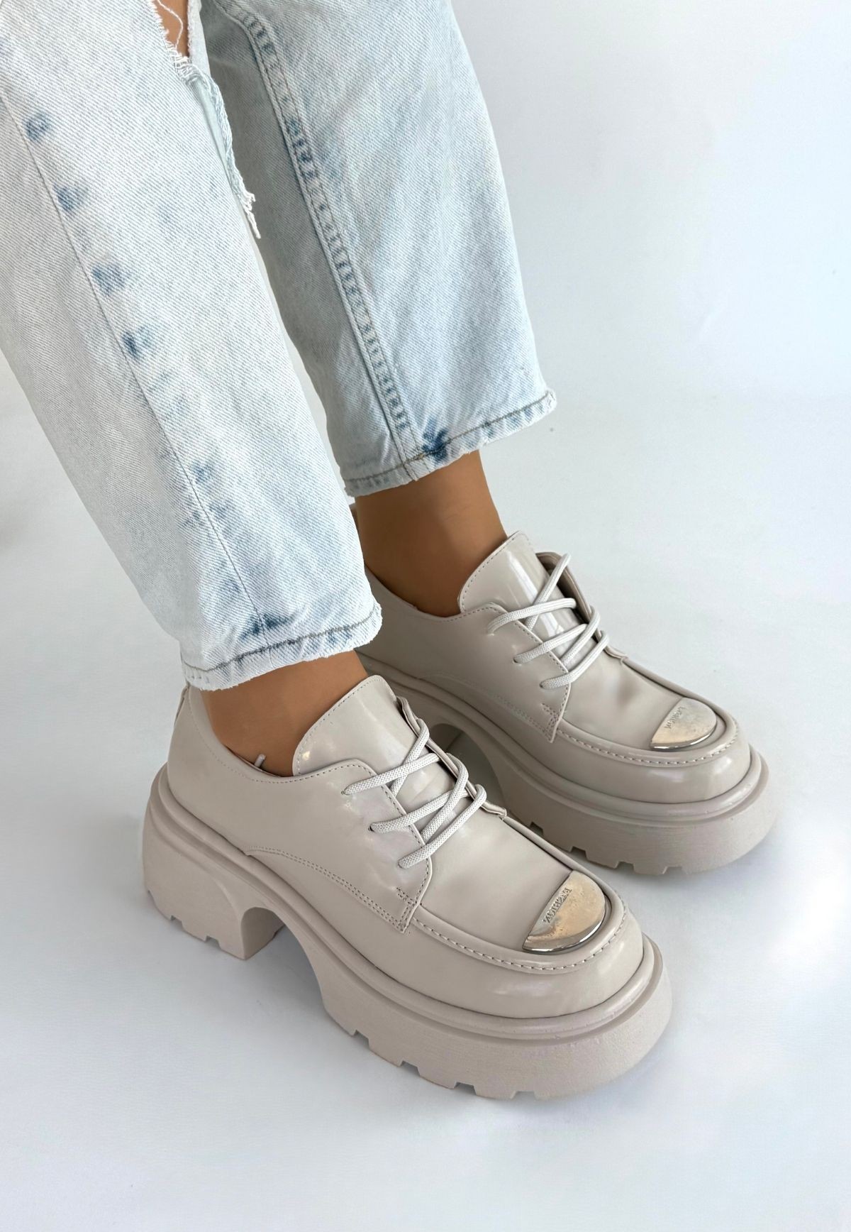 Kiya Bej Rugan Dolgu Topuk Oxford Ayakkabı - Lisinya