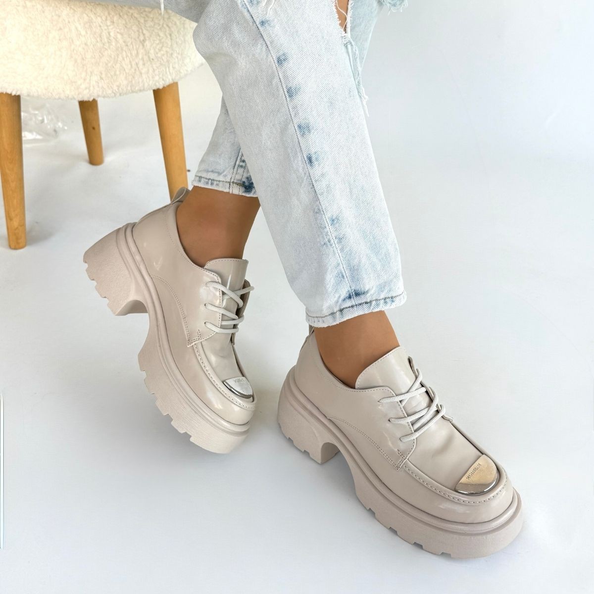 Kiya Bej Rugan Dolgu Topuk Oxford Ayakkabı - Lisinya