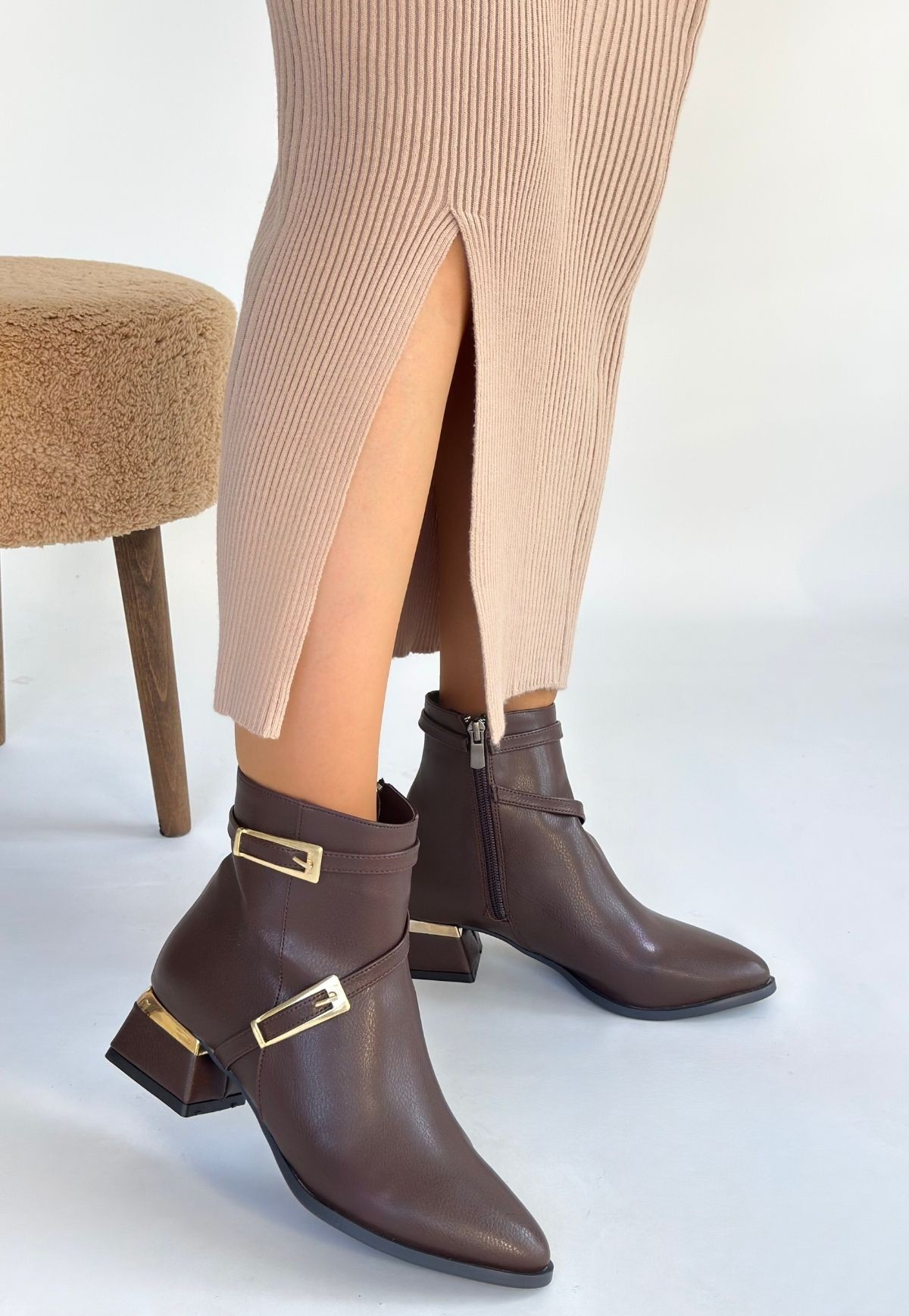İnay Kahverengi Cilt Topuklu Bot - Lisinya