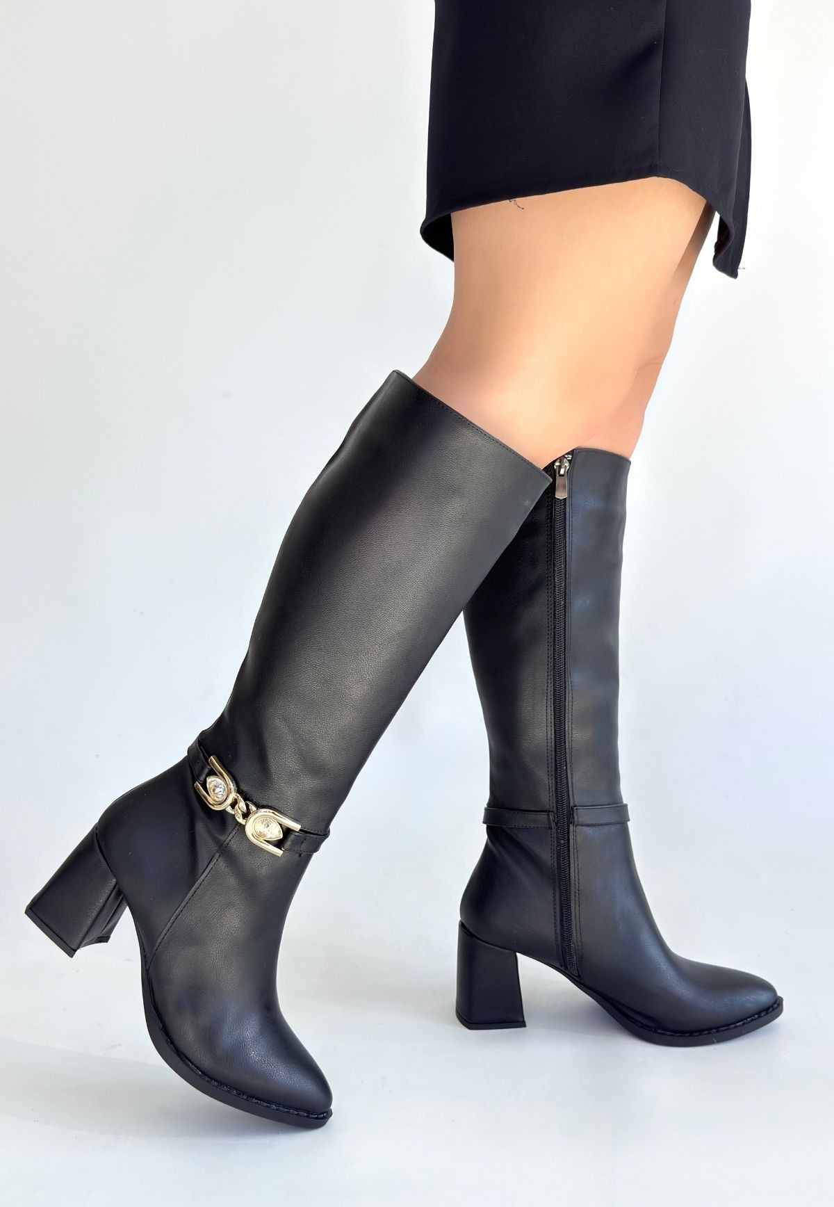 Mooni Siyah Cilt Topuklu Çizme - Lisinya
