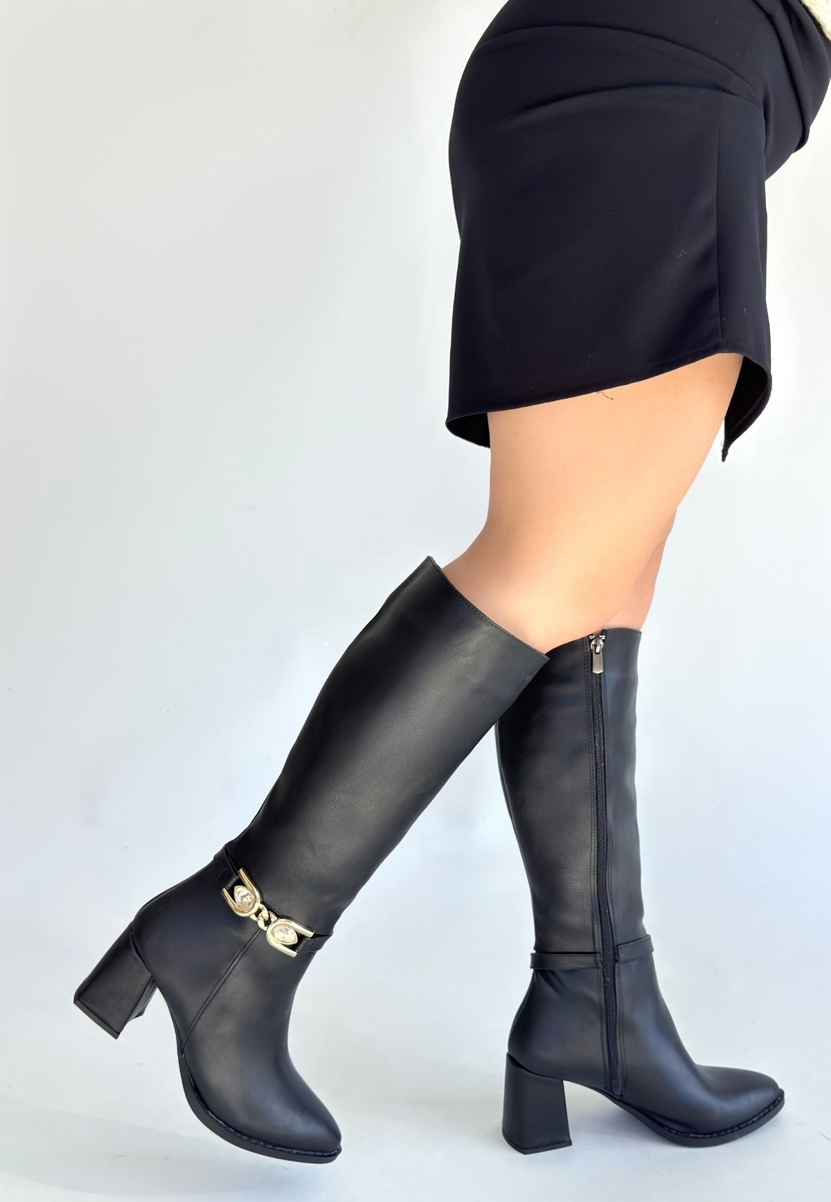 Mooni Siyah Cilt Topuklu Çizme - Lisinya