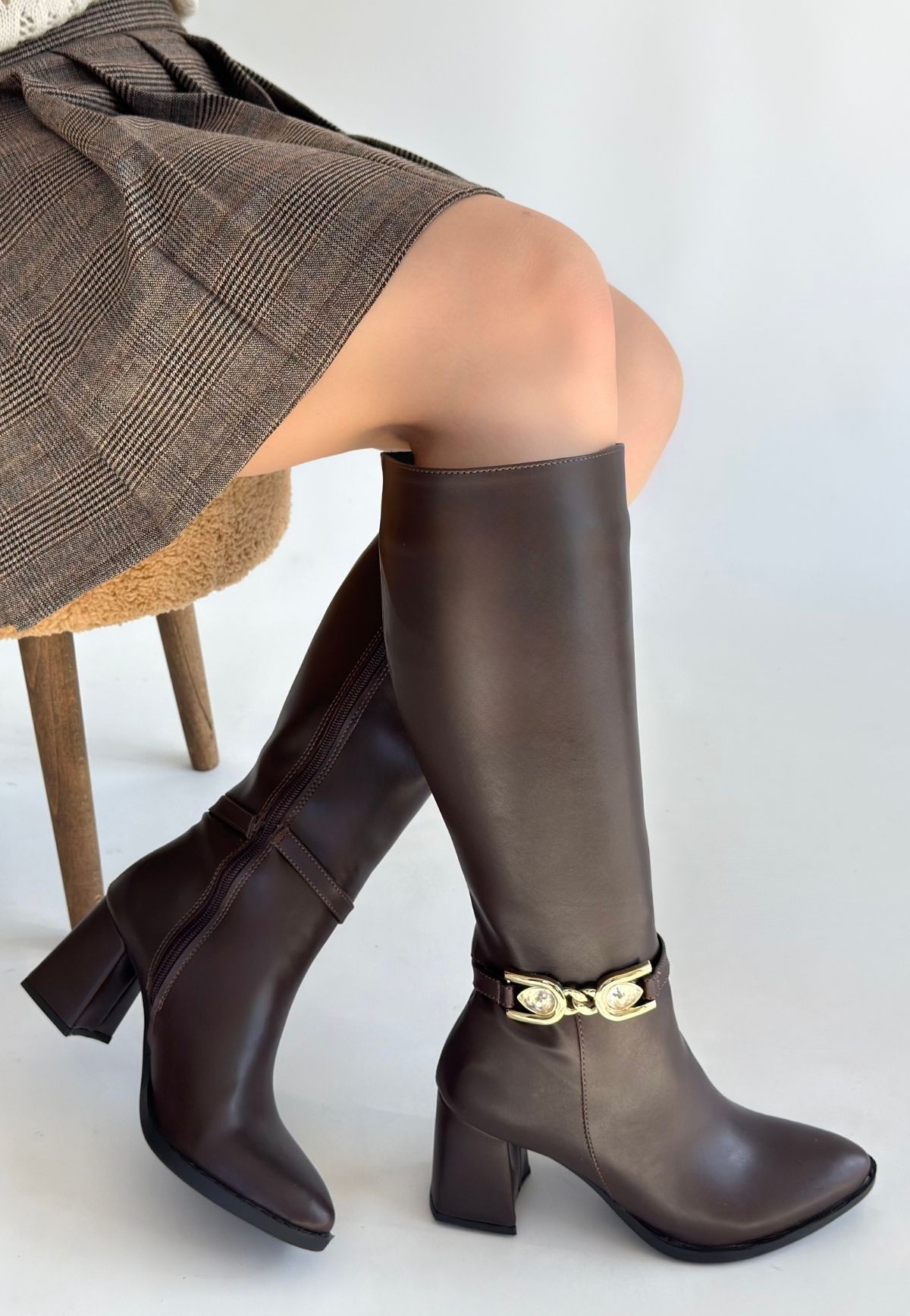 Mooni Kahverengi Cilt Topuklu Çizme - Lisinya