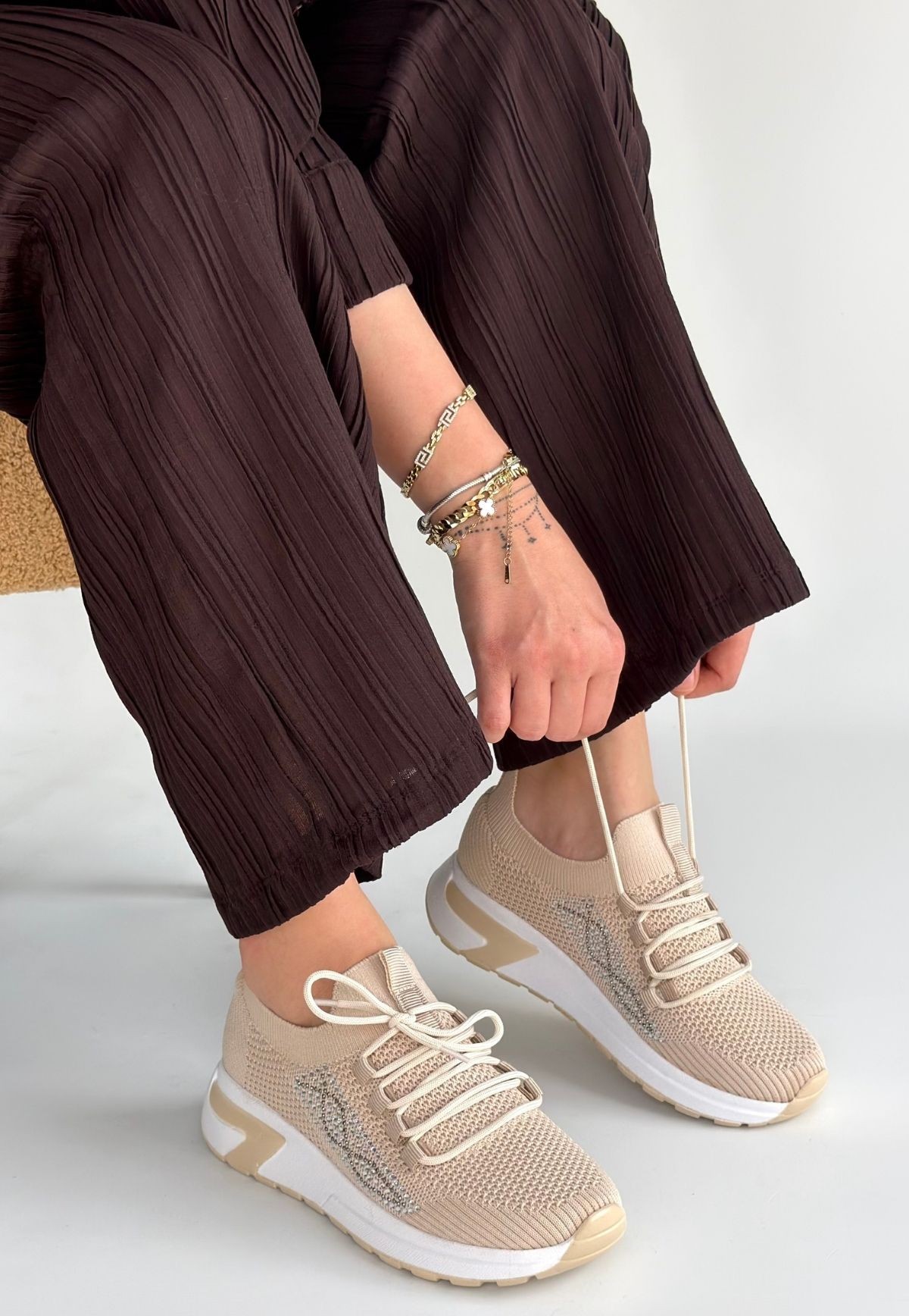 Belan Bej Triko Bağcıklı Spor Ayakkabı - Lisinya