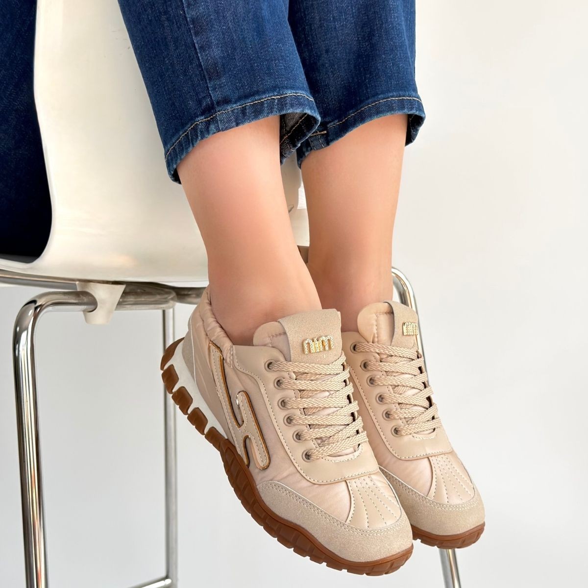 Huer Bej Nubuk Bağcıklı Spor Ayakkabı - Lisinya