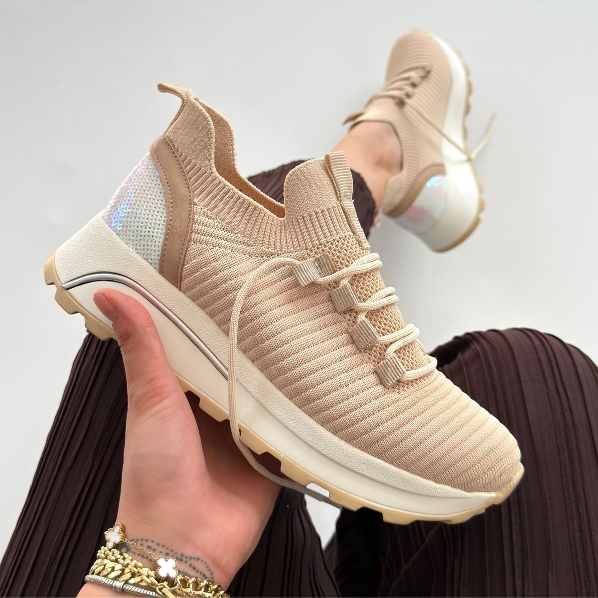 Feort Bej Triko Bağcıklı Spor Ayakkabı - Lisinya