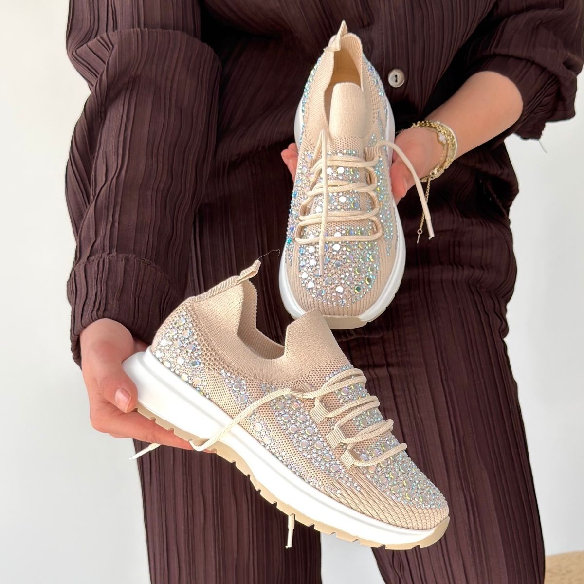 Ceas Bej Triko Bağcıklı Spor Ayakkabı - Lisinya