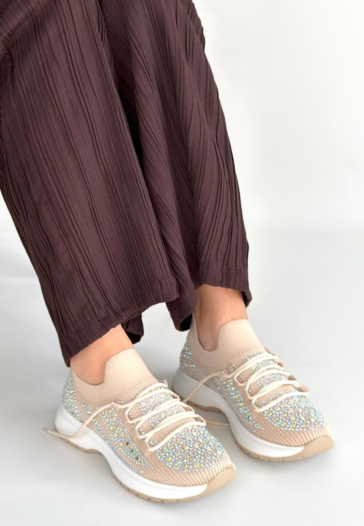 Ceas Bej Triko Bağcıklı Spor Ayakkabı - Lisinya