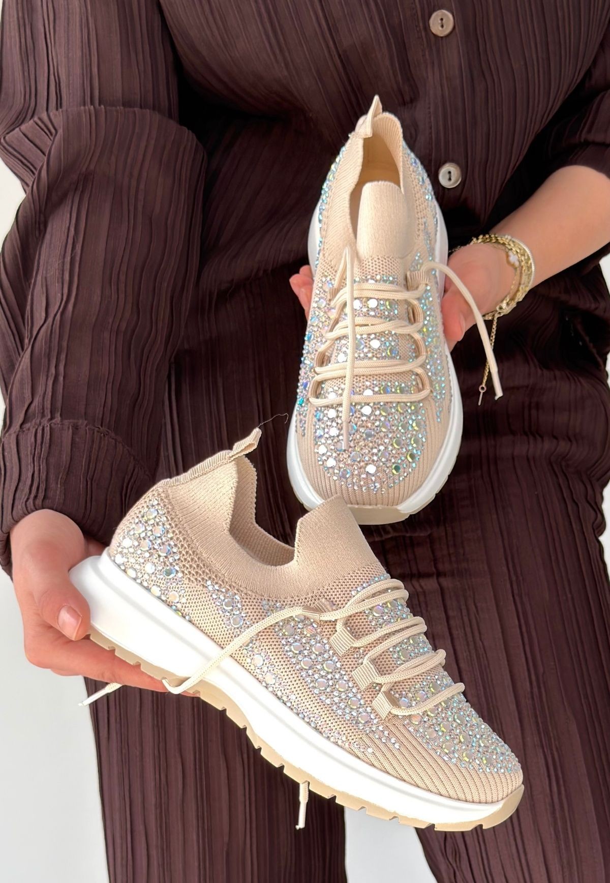 Ceas Bej Triko Bağcıklı Spor Ayakkabı - Lisinya