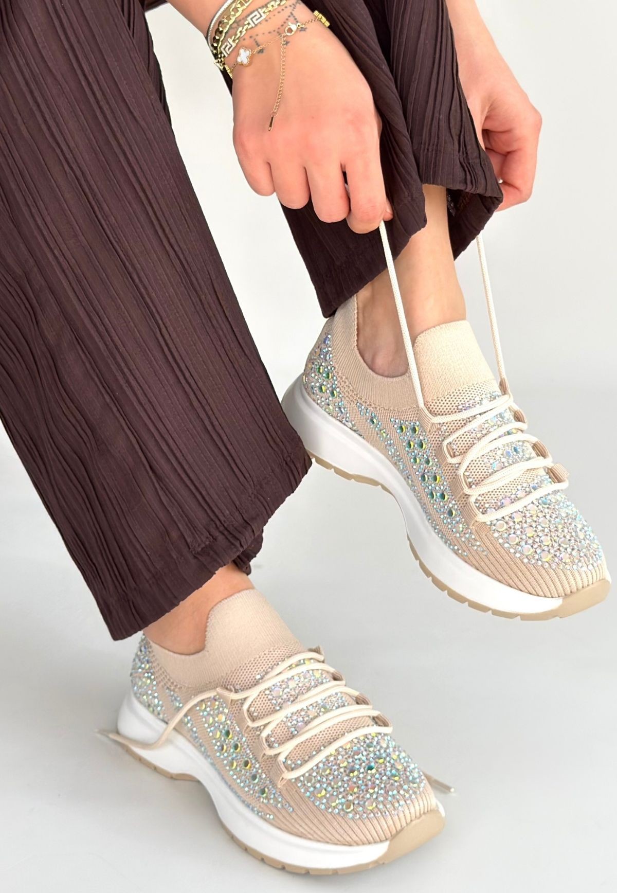 Ceas Bej Triko Bağcıklı Spor Ayakkabı - Lisinya