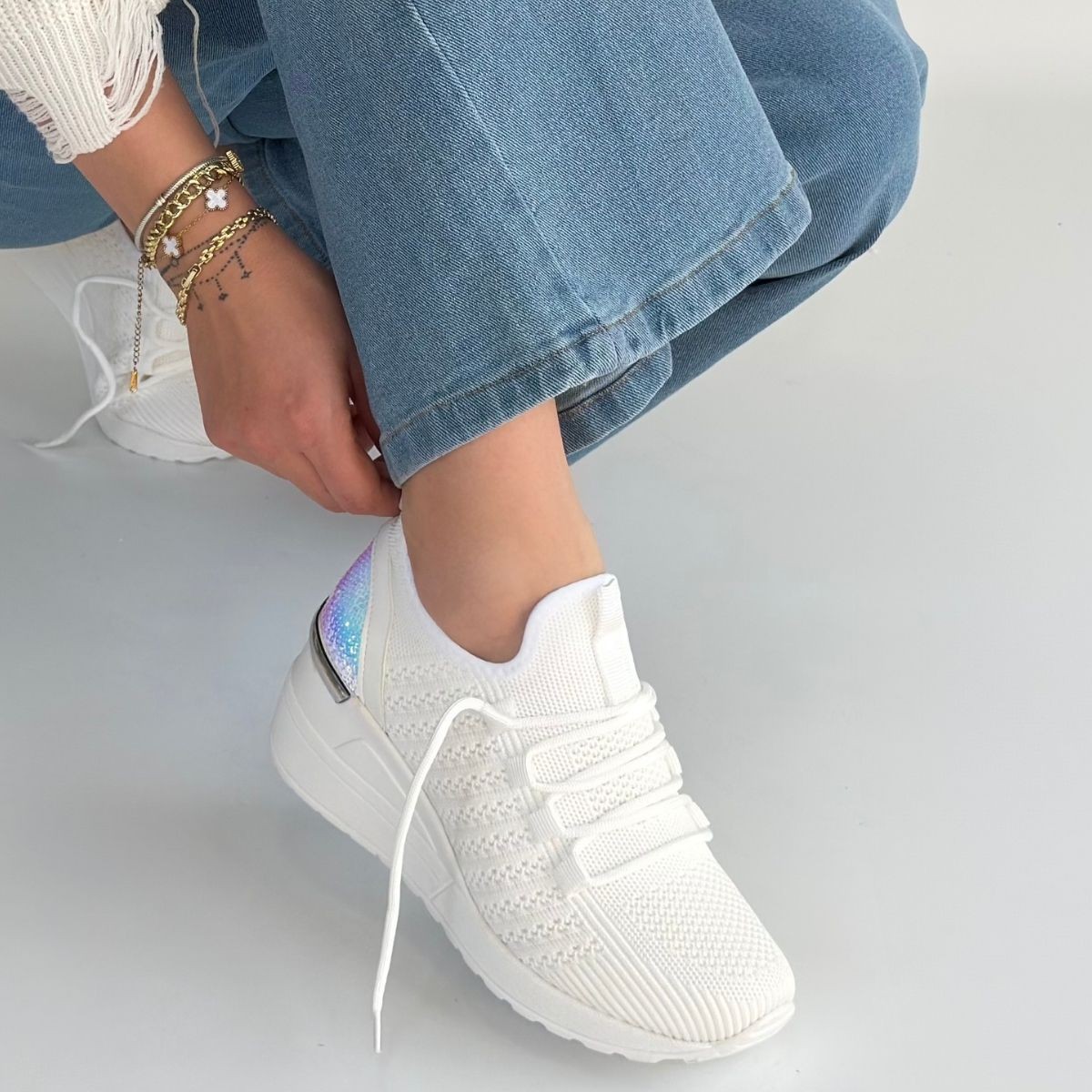 Weor Beyaz Triko Bağcıklı Spor Ayakkabı - Lisinya