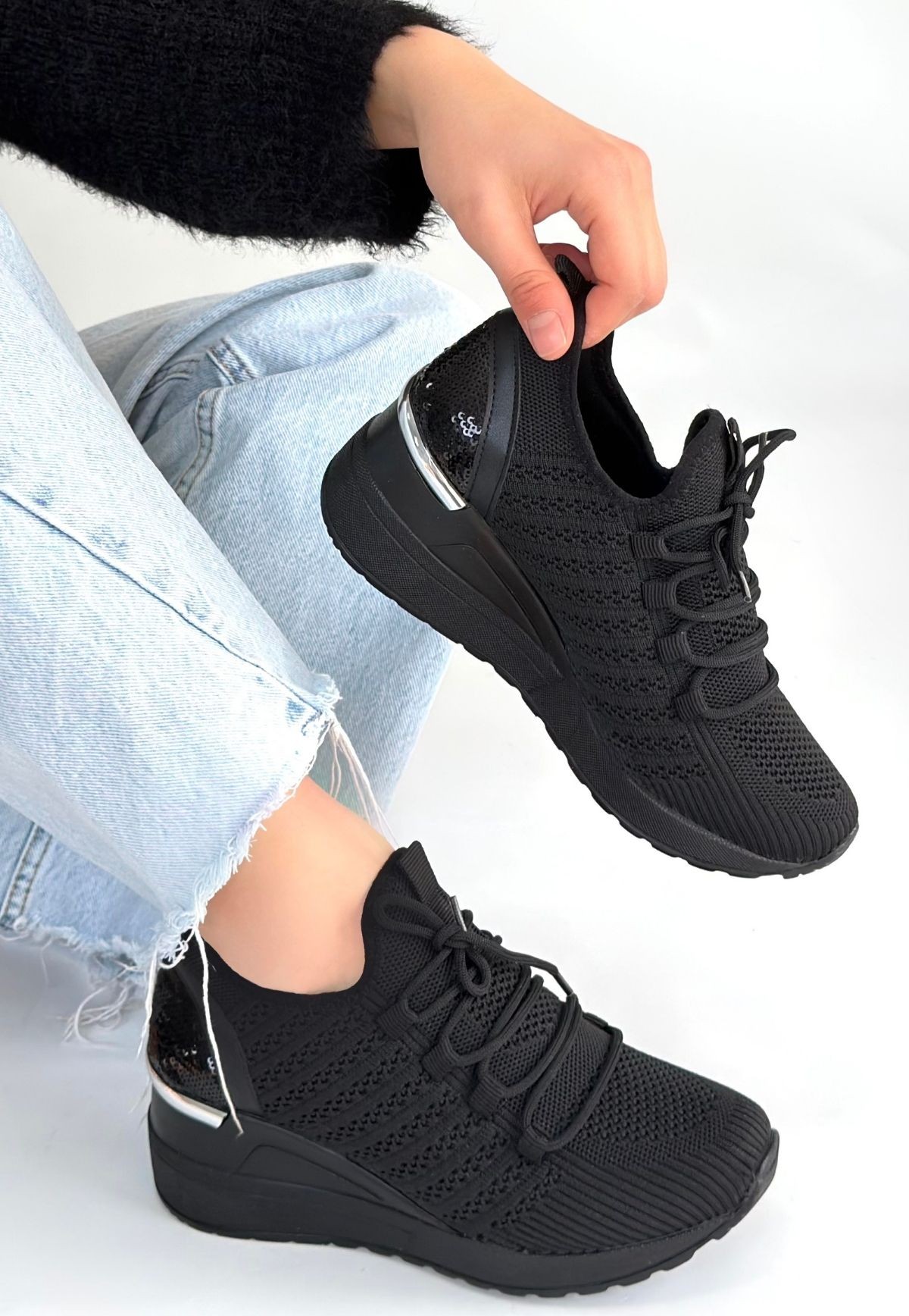 Weor Siyah Triko Bağcıklı Spor Ayakkabı - Lisinya