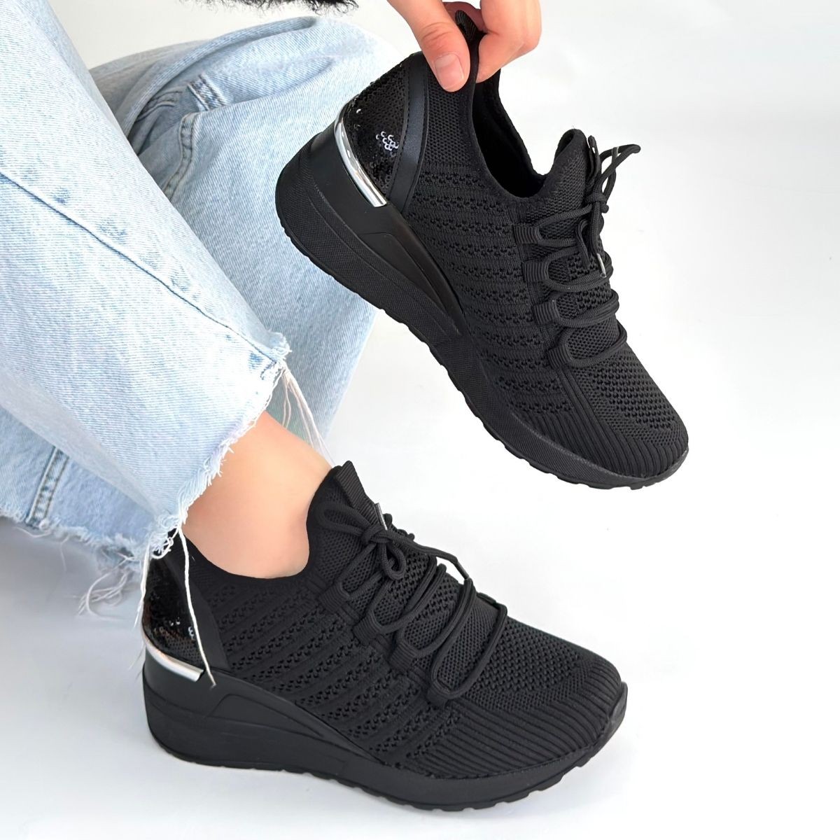 Weor Siyah Triko Bağcıklı Spor Ayakkabı - Lisinya