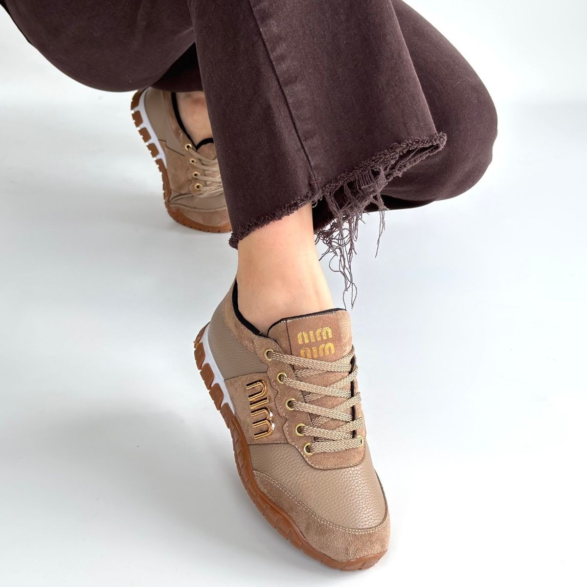 Marje Vizon Cilt Bağcıklı Spor Ayakkabı - Lisinya