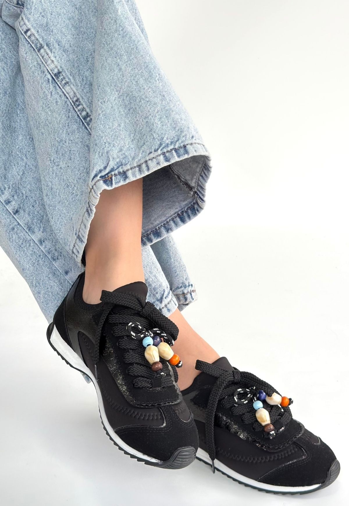 Riaf Siyah Cilt Bağcıklı Spor Ayakkabı - Lisinya