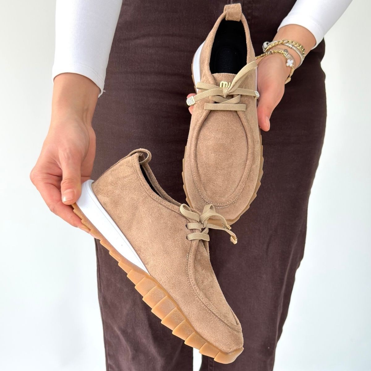 Sier Bej Süet Bağcıklı Spor Ayakkabı - Lisinya