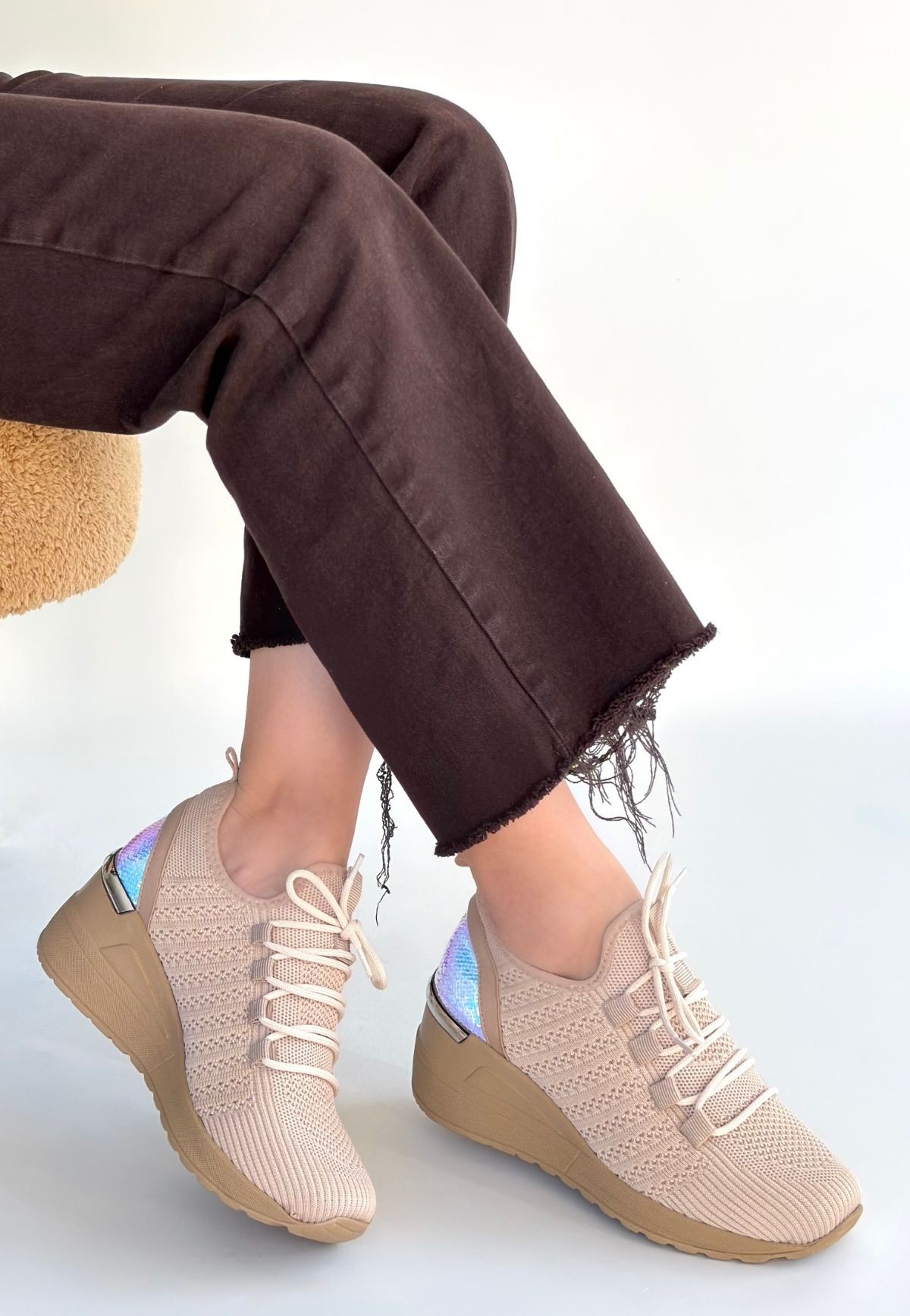 Weor Bej Triko Bağcıklı Spor Ayakkabı - Lisinya