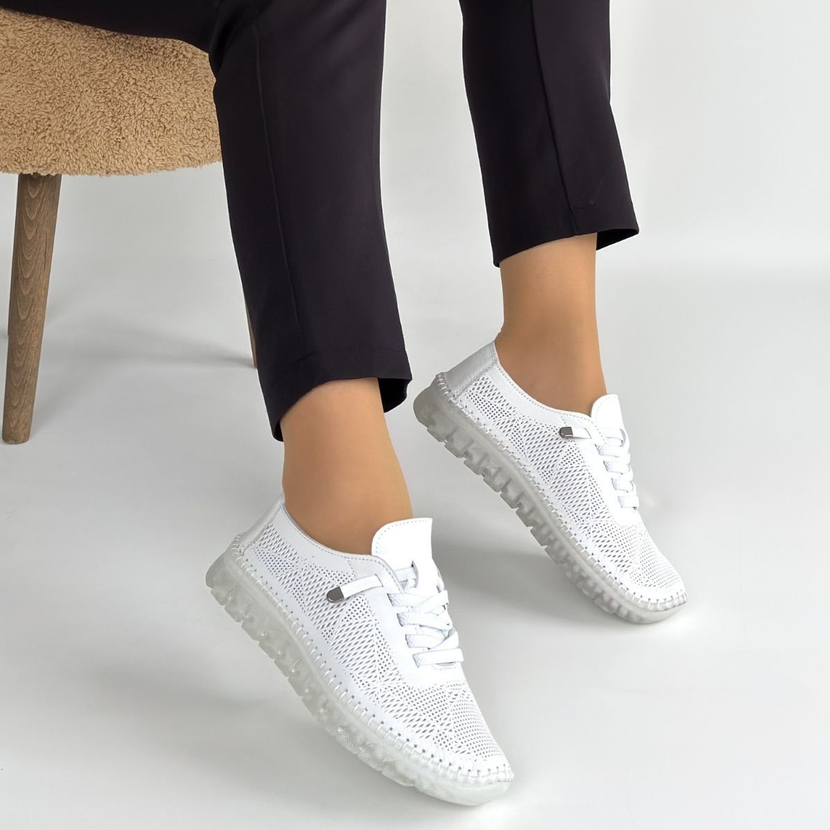 Merja Beyaz Deri Bağcıklı Spor Ayakkabı - Lisinya