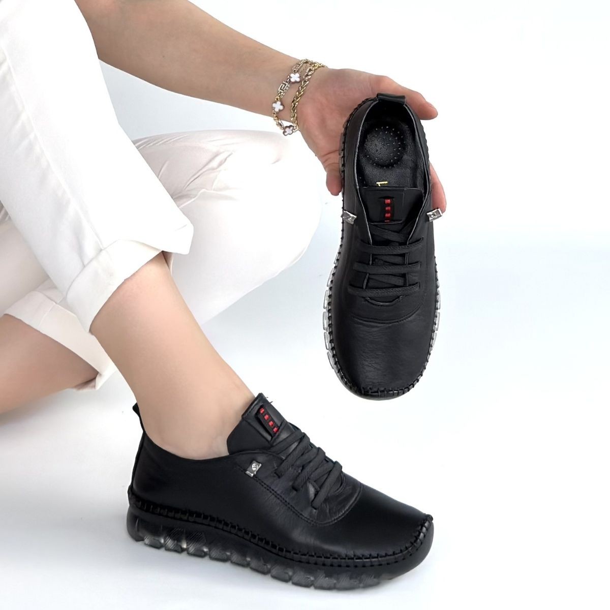 Jiten Siyah Deri Bağcıklı Spor QAyakkabı - Lisinya