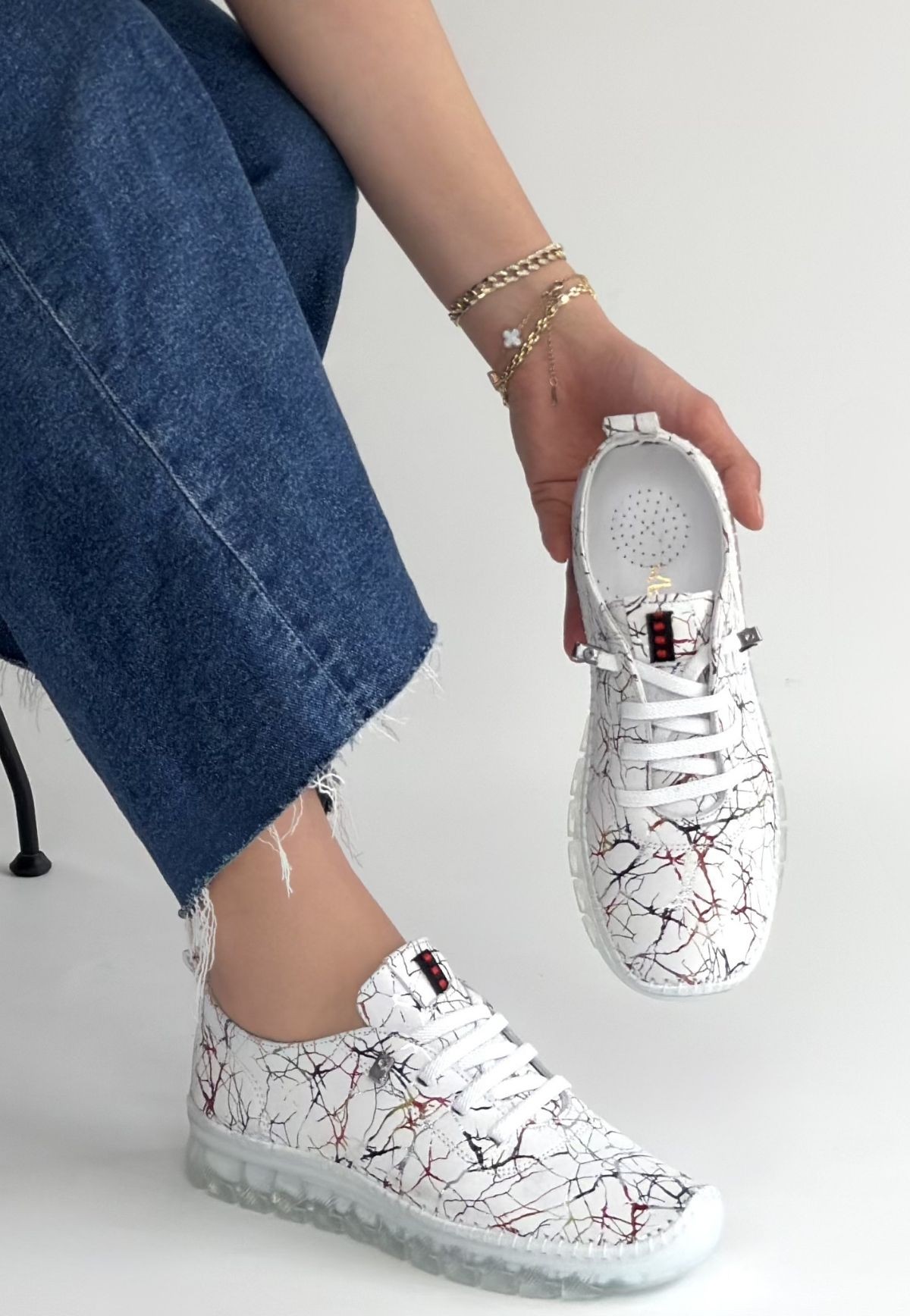 Jiten Beyaz Desenli Deri Bağcıklı Spor Ayakkabı - Lisinya