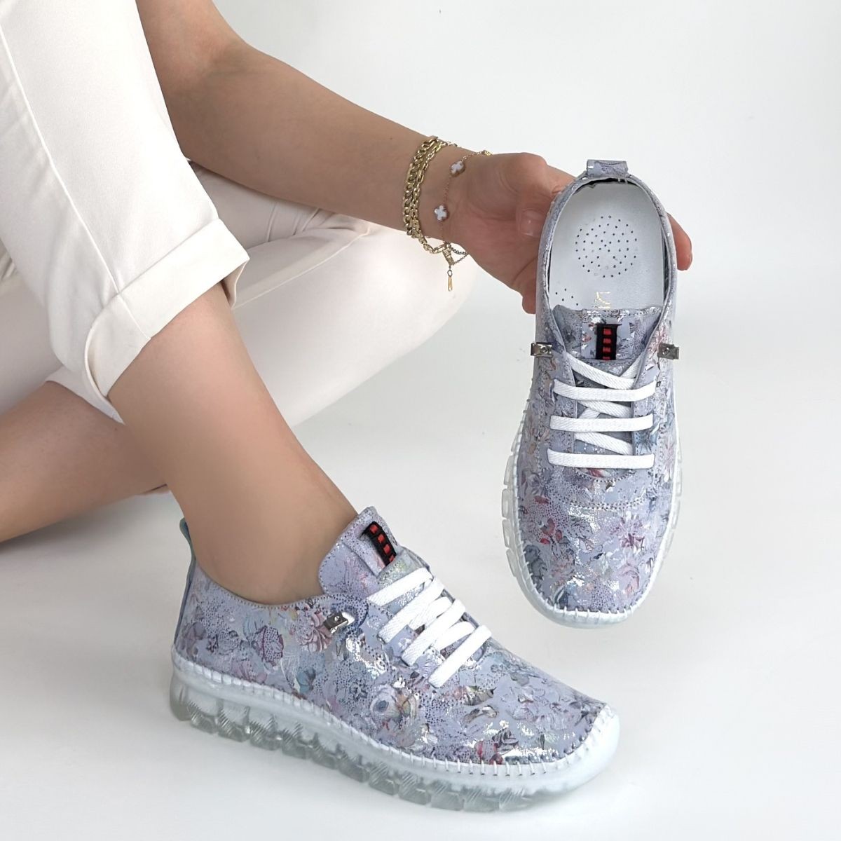 Jiten Lila Desenli Deri Bağcıklı Spor Ayakkabı - Lisinya