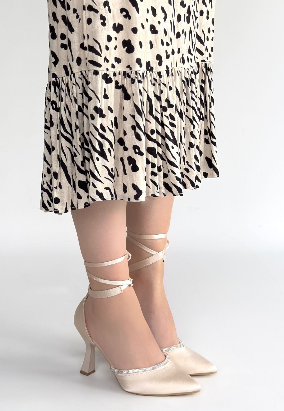 Tenja Bej Saten Bilekten Bağcıklı Topuklu Ayakkabı - Lisinya