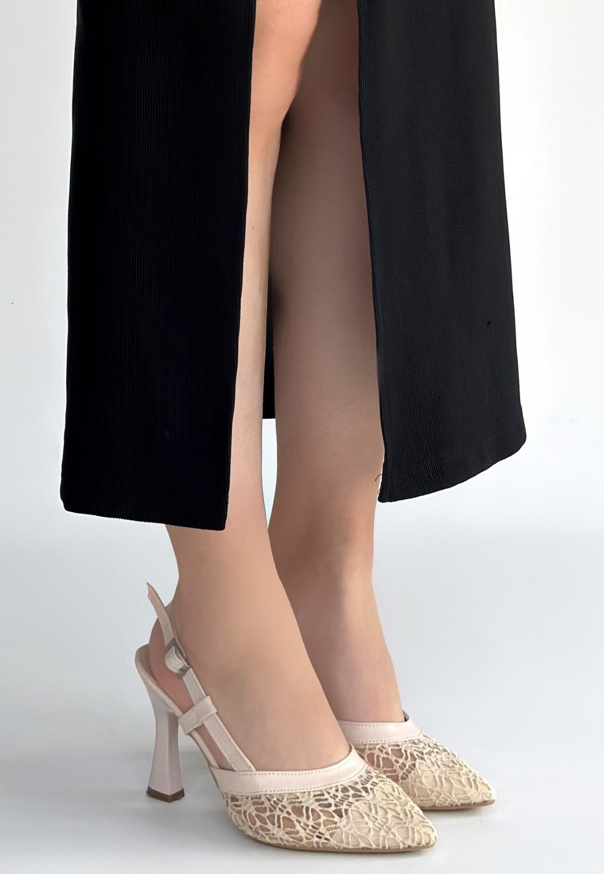 Ceta Bej Cilt Tül Detaylı Topuklu Ayakkabı - Lisinya
