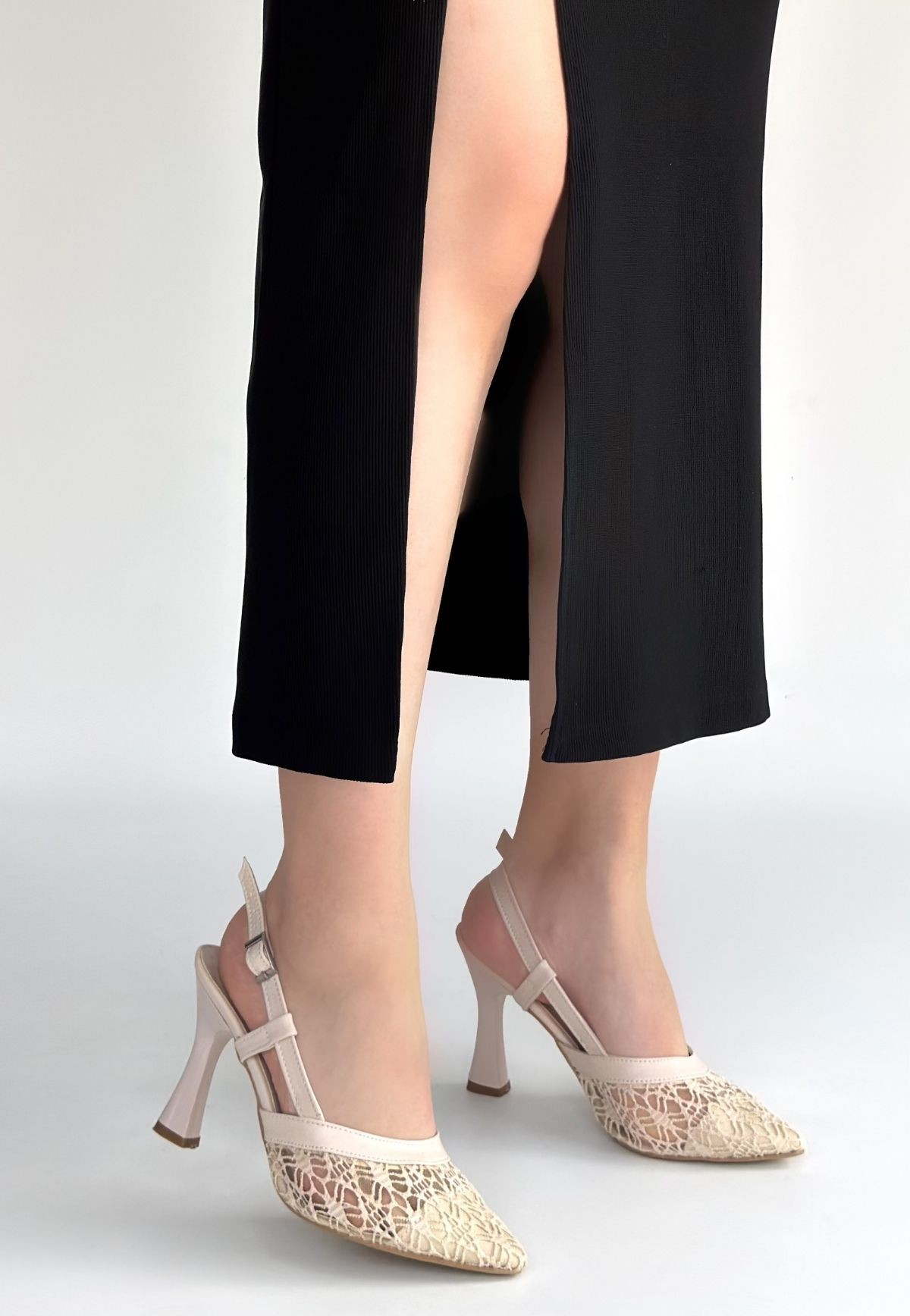 Ceta Bej Cilt Tül Detaylı Topuklu Ayakkabı - Lisinya