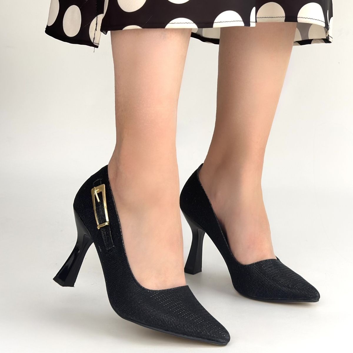 Cerin Siyah Saten Simli Topuklu Ayakkabı - Lisinya