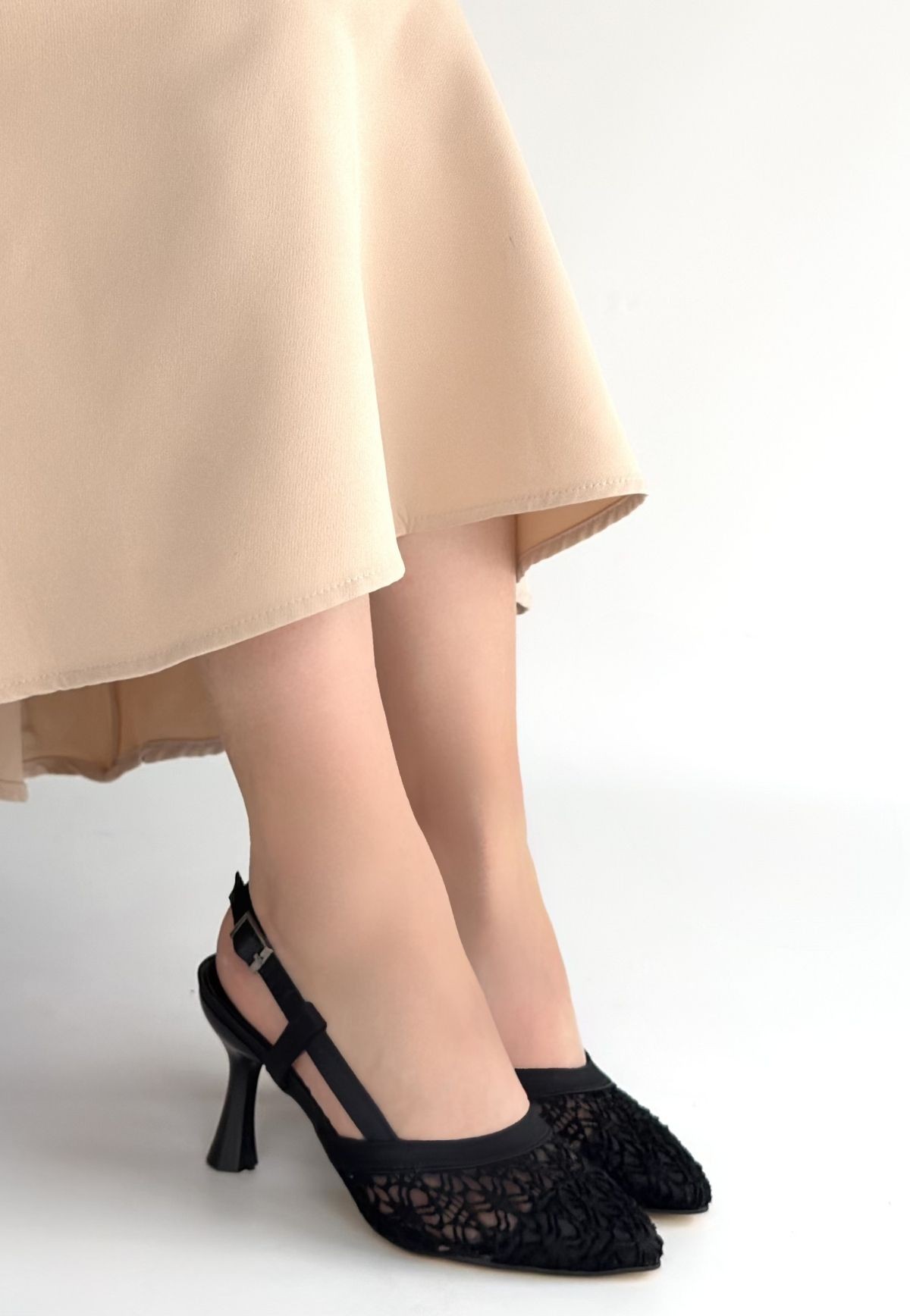 Ceta Siyah Cilt Tül Detaylı Topuklu Ayakkabı - Lisinya