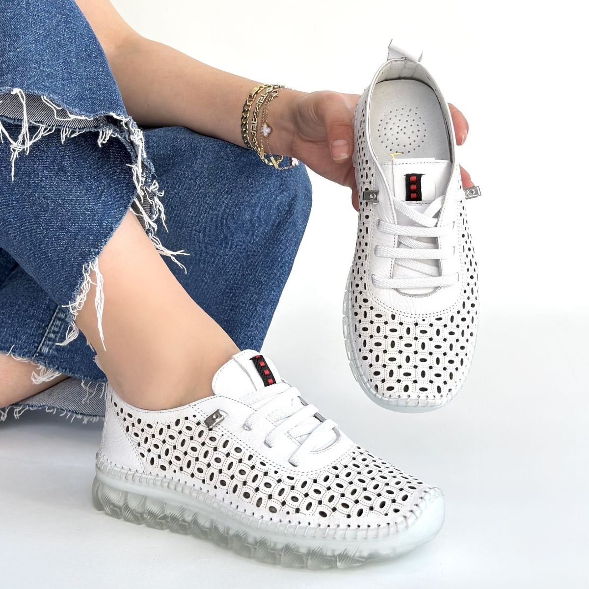 Otja Beyaz Deri Lazerli Bağcıklı Spor Ayakkabı - Lisinya