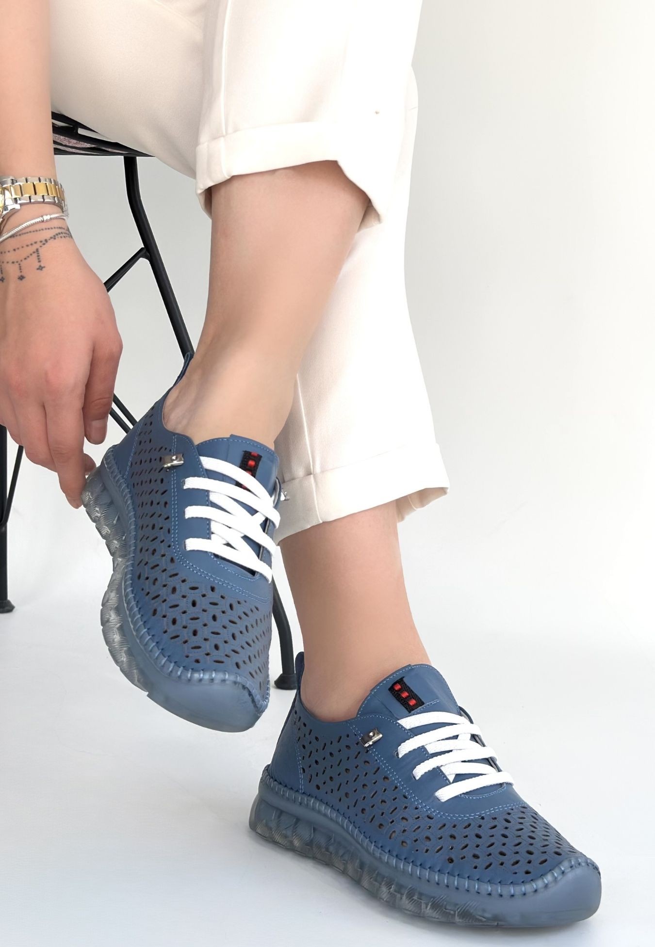 Otja Mavi Deri Lazerli Bağcıklı Spor Ayakkabı - Lisinya