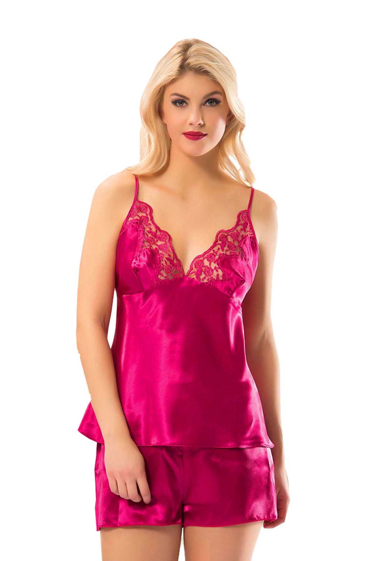 Fuşya Saten Babydoll Şortlu Takım Fuşya Saten Babydoll Şortlu Takım