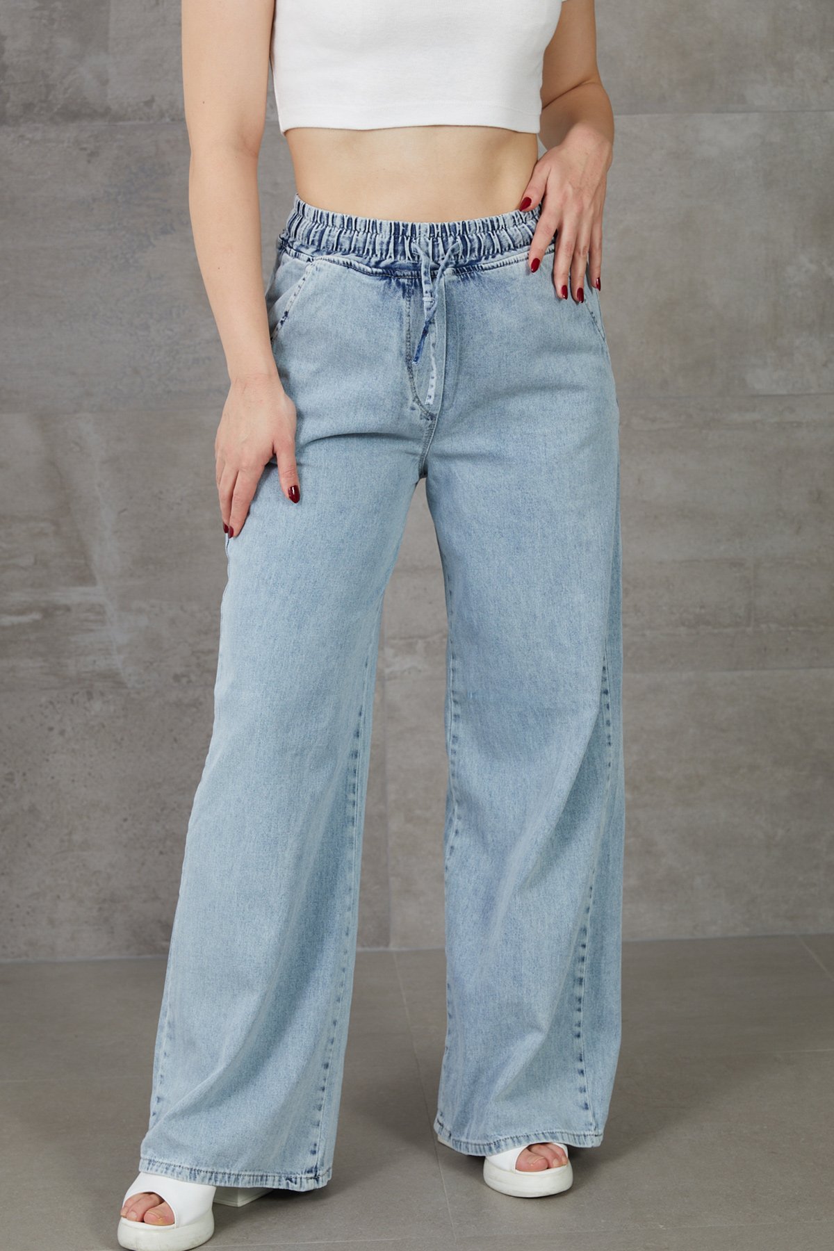 Kadın Beli Lastikli Rahat Kesim Kot Pantolon - Lisinya