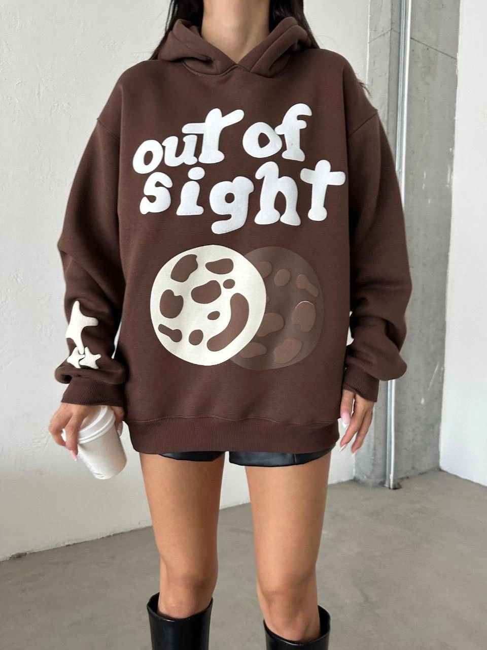 3 iplik şardonlu oversize out of baskılı sweat kahve - Lisinya