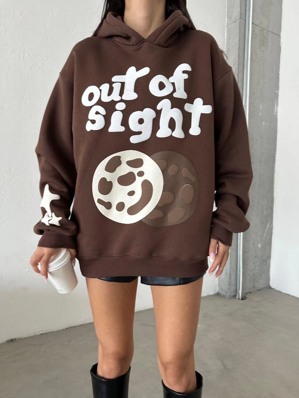 3 iplik şardonlu oversize out of baskılı sweat kahve - Lisinya