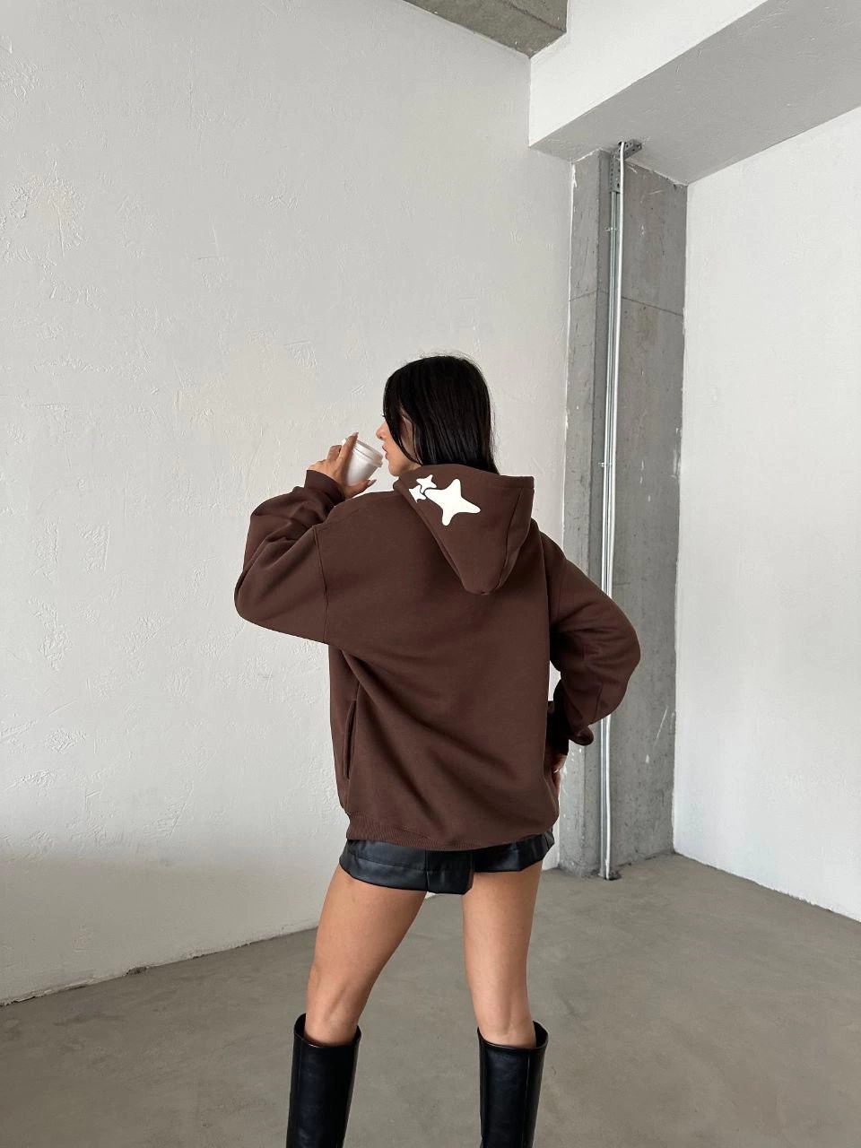 3 iplik şardonlu oversize out of baskılı sweat kahve - Lisinya