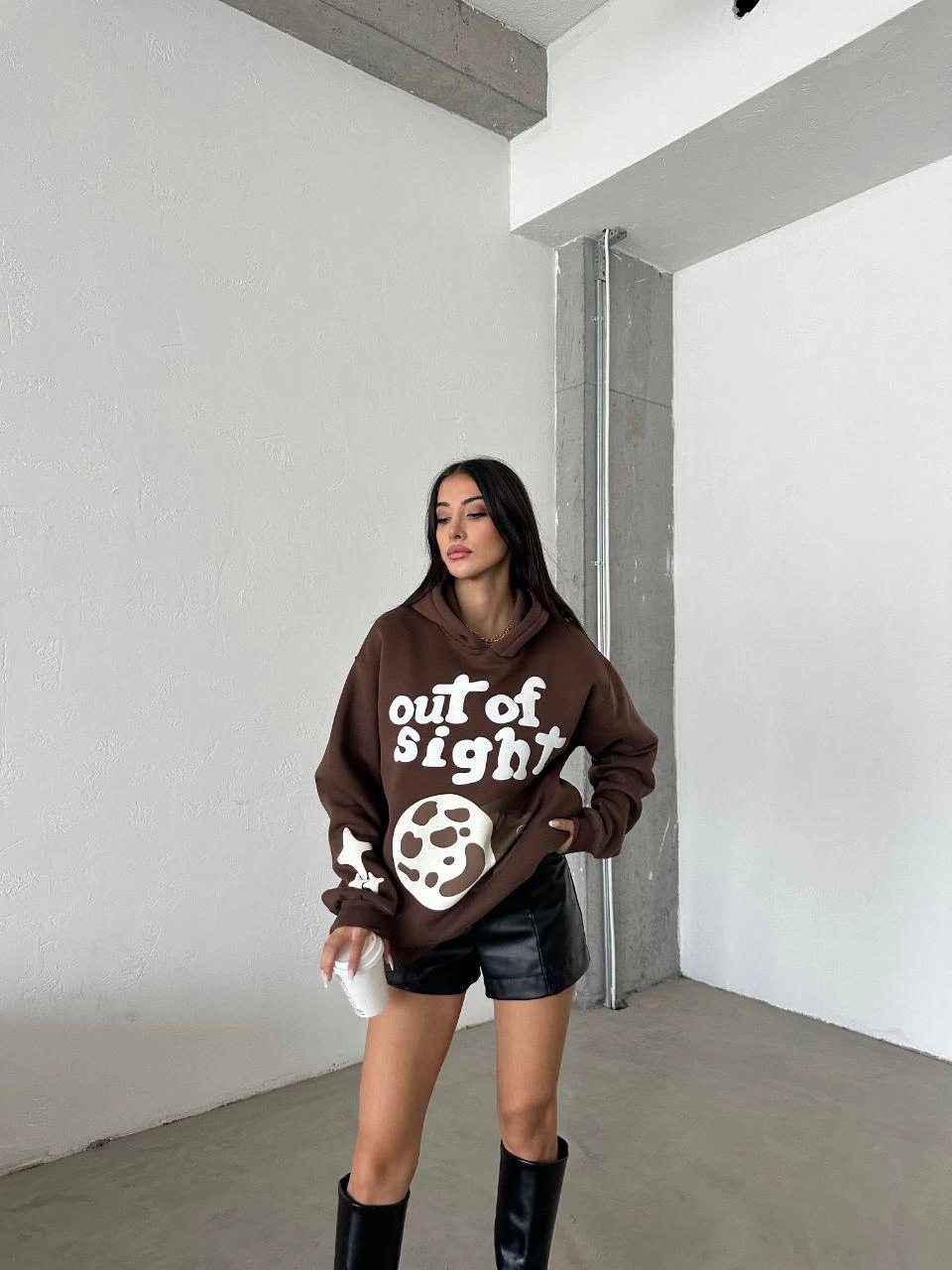 3 iplik şardonlu oversize out of baskılı sweat kahve - Lisinya