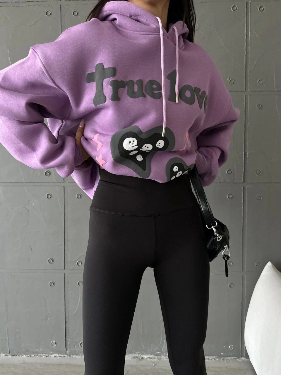 3 iplik şardonlu oversize true baskılı sweat mor - Lisinya