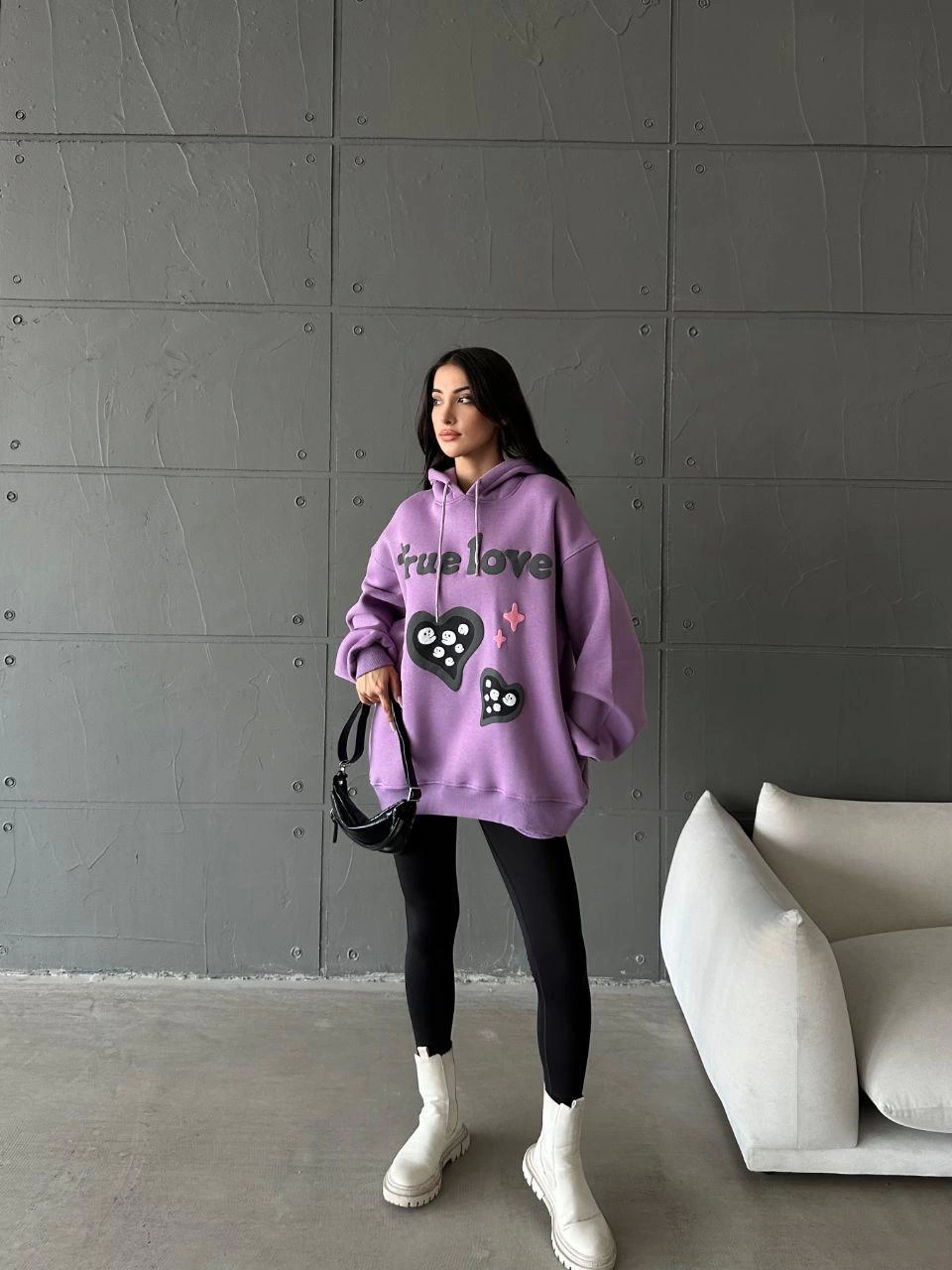 3 iplik şardonlu oversize true baskılı sweat mor - Lisinya