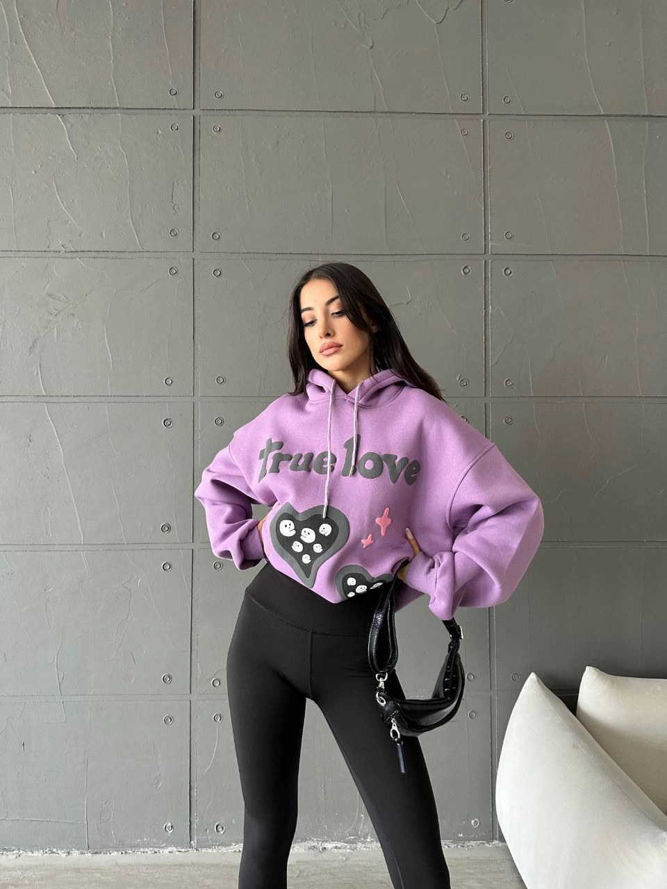 3 iplik şardonlu oversize true baskılı sweat mor - Lisinya