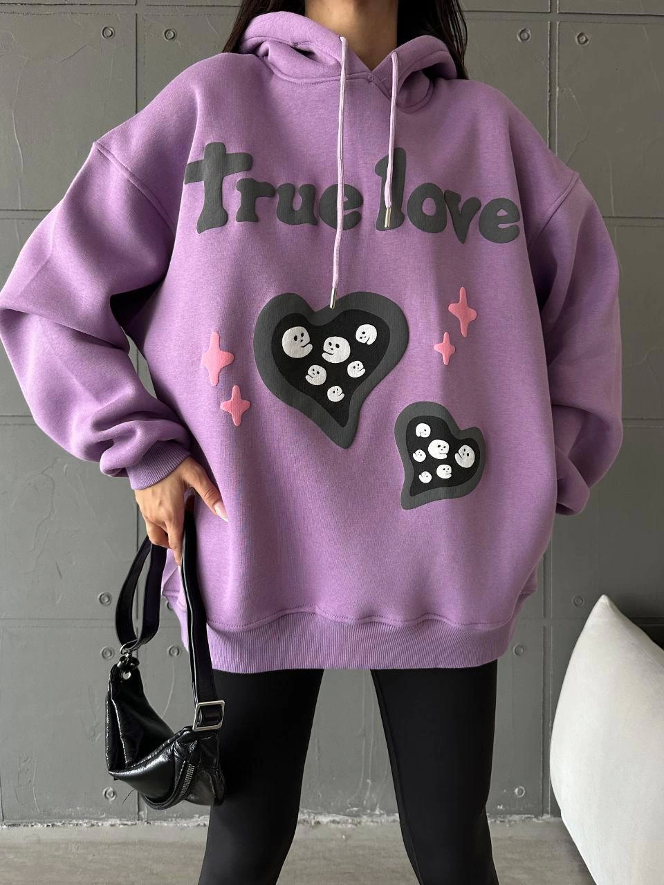 3 iplik şardonlu oversize true baskılı sweat mor - Lisinya