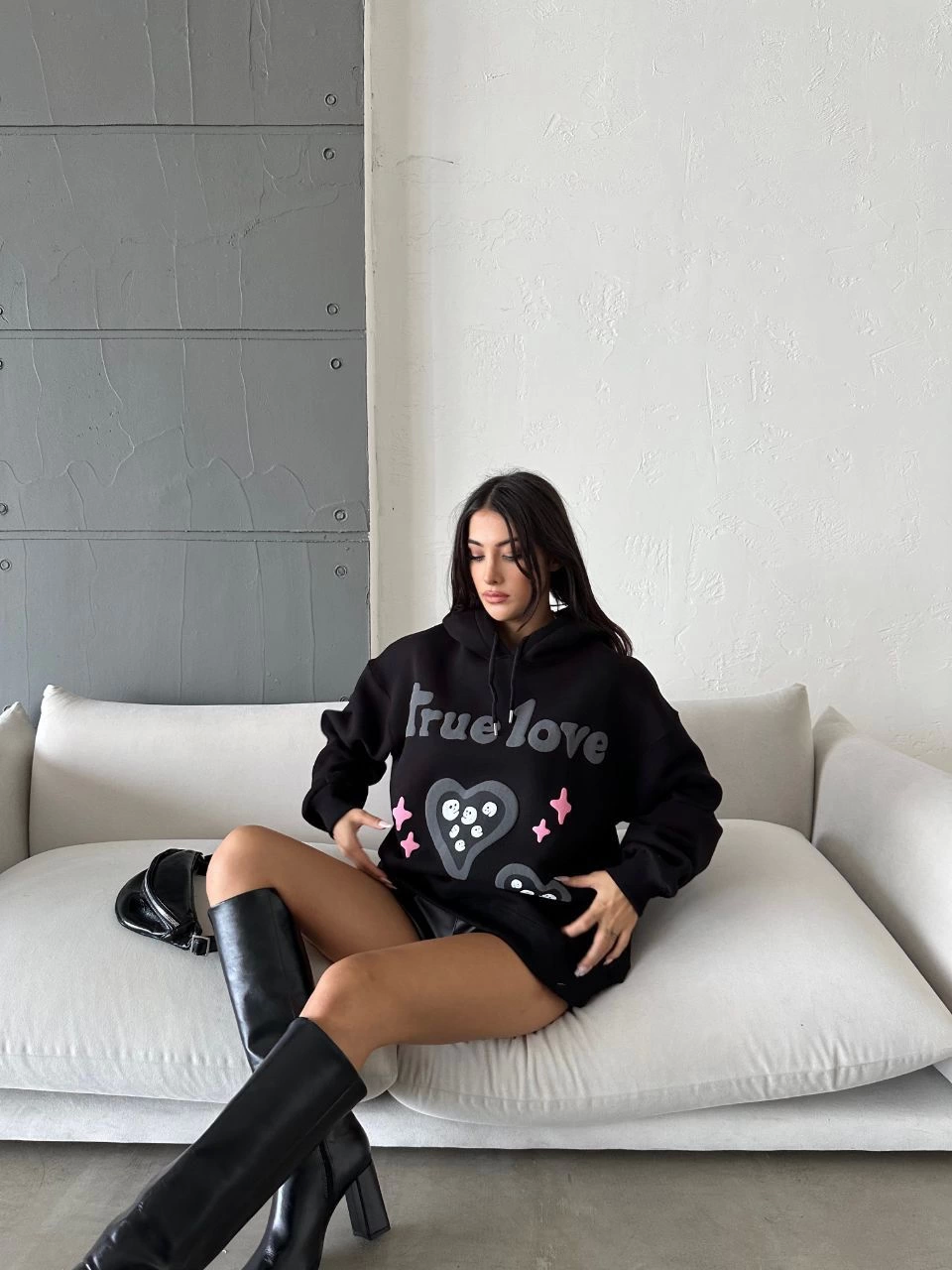 3 iplik şardonlu oversize true baskılı sweat siyah - Lisinya
