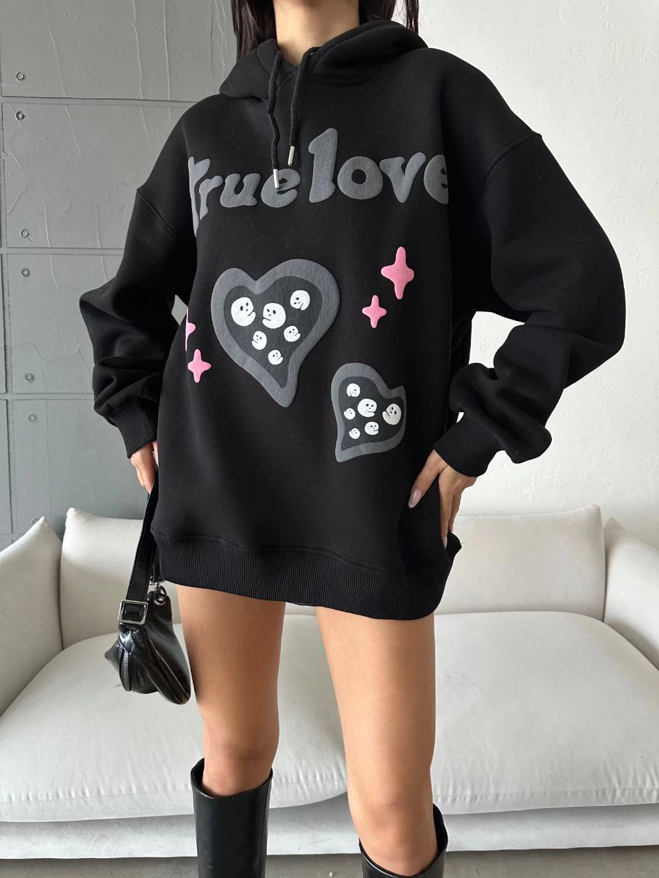 3 iplik şardonlu oversize true baskılı sweat siyah - Lisinya