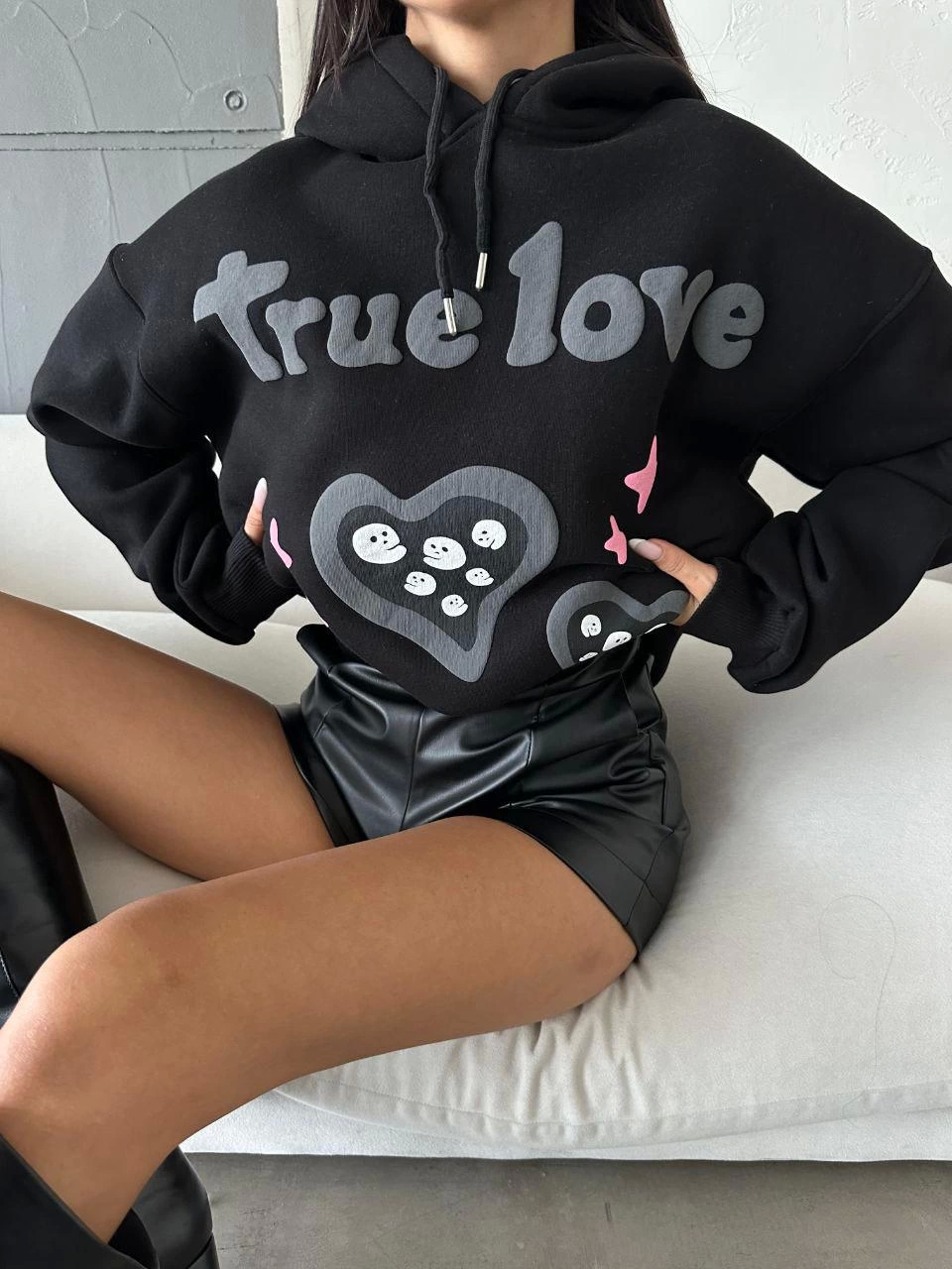 3 iplik şardonlu oversize true baskılı sweat siyah - Lisinya