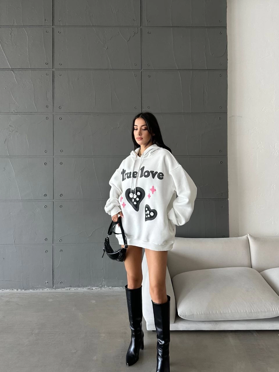 3 iplik şardonlu oversize true baskılı sweat Beyaz - Lisinya