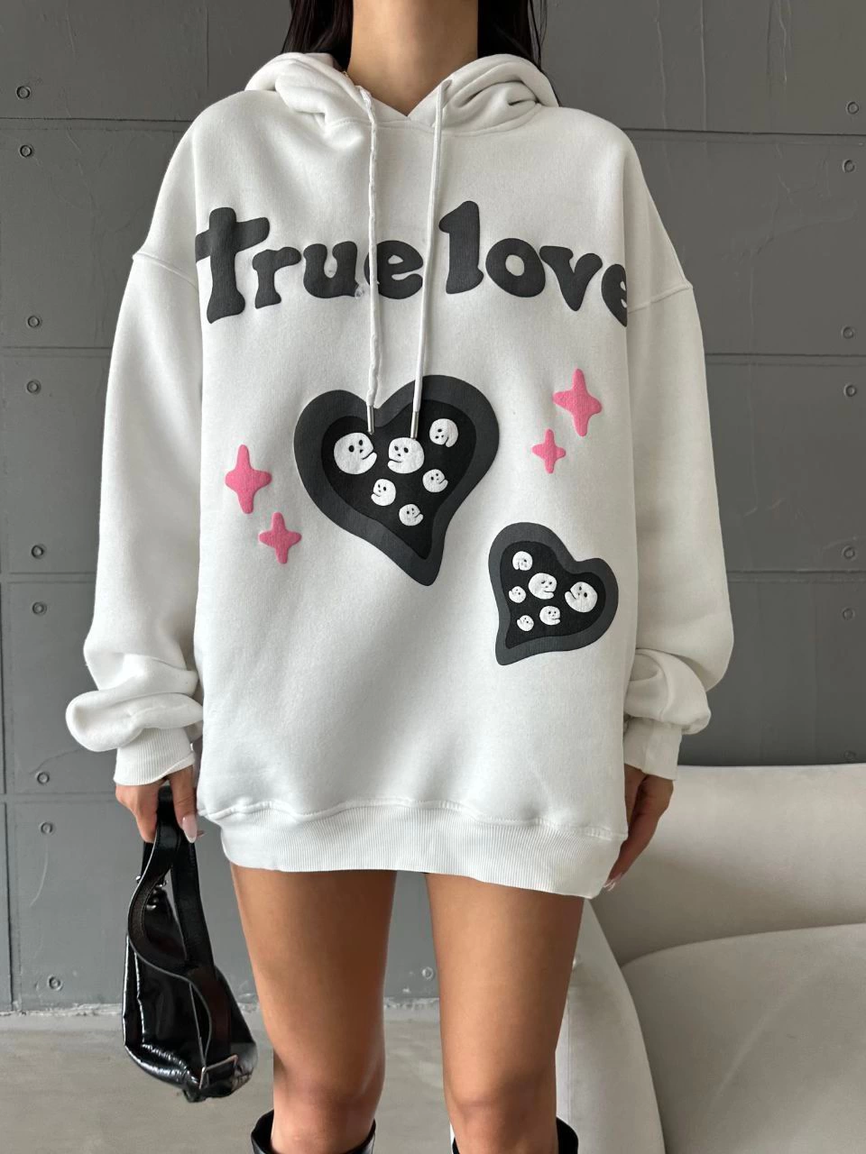 3 iplik şardonlu oversize true baskılı sweat Beyaz - Lisinya