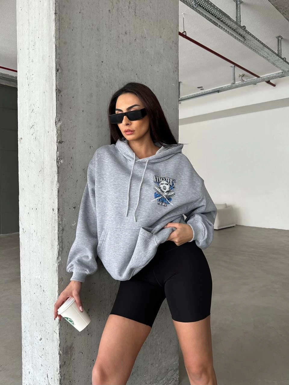 3 iplik şardonlu oversize kafa baskılı sweat gri - Lisinya
